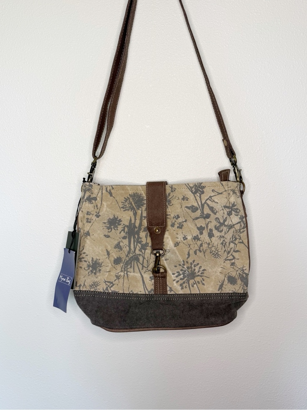 Myra Bag Floral Canvas Shoulder Bag with Brown Trim